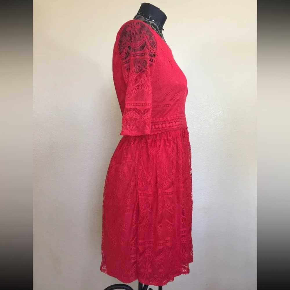 Alya Red Lace Dress Small Mini Sheer Sleeve Festive Party - Picture 3 of 6